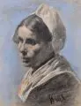 Gotthardt Kuehl, Alte Frau mit weißer Haube, Farbige Pastellkreide und Kohlestift auf kräftigem, gräulichen Papier
