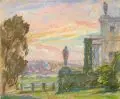Hans Unger, Gartenterrasse (Die Villa des Künstlers in Dresden-Loschwitz). Wohl um 1923, Farbige Pastellkreide auf gelblichem Karton