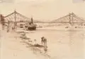 Wilhelm Claus, Elbbrücke in Loschwitz, Um 1905, Kreidezeichnung in Braun, braun laviert, auf feinem Papier