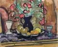 Anton Kerschbaumer, Stillleben mit Tulpen, Fruchtschale und zwei Vasen, 1927, Aquarell und Pinselzeichnung in Tusche über blauem Farbstift
