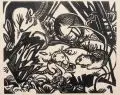 Franz Marc, Tierlegende, 1912, Holzschnitt auf wolkigem Papier