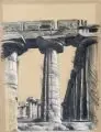 Richard Müller, Poseidon-Tempel Paestum, 1928, Kohlestiftzeichnung, weiße Kreide und Bleistift auf grau-grünem, festen Papier