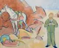 Kurt Scheele, Rastender Reiter mit orientalischem Pferd, 1936, Gouache auf Bütten