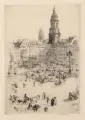 Walter Zeising, Altmarkt Dresden (mit Siegesdenkmal), 1910, Radierung mit Tonplatte auf chamoisfarbenem Japan