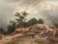 Heinrich Vosberg, Heidelandschaft bei aufziehendem Gewitter mit wanderndem Knaben und Hund, 1867, Öl auf Leinwand