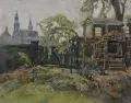 Walter Friederici, Blick auf die Dresdner Altstadt, von einem Garten aus. 1. H. 20. Jh, Öl auf Malpappe