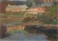 Julius Otto Fritzsche, Blick über die Elbe auf Schloß Pillnitz. Anfang 20. Jh, Öl auf Malpappe