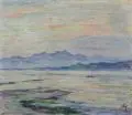 Willy Schlobach, Blick über den abendlichen Bodensee, die Alpen in der Ferne, 1928, Öl auf Leinwand