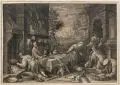 Johannes I Sadeler, Christus im Hause von Maria und Martha, 1598, Kupferstich auf Bütten, auf Untersatzpapier