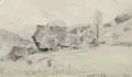 Robert Erbe, (zugeschr.), Gebirgswiesen mit Gehöft und Bauern, 1876, Bleistiftzeichnung auf Karton