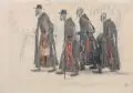Hermann Pampel, Vier Mönche. Anfang 20. Jh, Graphitzeichnung, aquarelliert