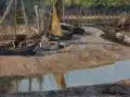 Paul Kutscha, Fischerboote bei Ebbe, 1908, Öl auf Leinwand