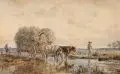 Hermann Kauffmann, Heuwagen an der Furt. Wohl 3. Viertel 19. Jh, Aquarell über Federzeichnung in Schwarz auf chamoisefarbenem Papier