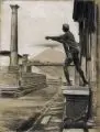Richard Müller, Pompeji, 1928, Kohlestiftzeichnung und weiße Kreide auf grau-grünem, festen Papier
