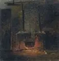 Andreas Achenbach, (zugeschr.), Schmiedefeuer. Spätes 19. Jh, Öl auf Leinwand, auf Sperrholz aufgezogen