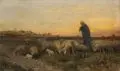 Ernst Adolph Meißner, Schäfer mit Herde im Abendlicht. Ende 19. Jh, Öl auf kaschierter Malpappe