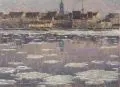 Siegfried Mackowsky, Dresden - Blick auf die winterliche Elbe und das Neustädter Ufer mit dem Turm der Dreikönigskirche. Wohl um 1905, Öl auf Malpappe