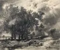 Heinrich Koch, Alte Eichen an einem Weiher, 1834, Bleistiftzeichnung auf Karton