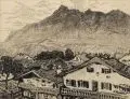 Elisabeth Andrae, Alpenländisches Bergdorf. 1. H. 20. Jh, Pinselzeichnung in Tusche