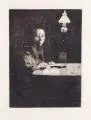 Käthe Kollwitz, Selbstbildnis am Tisch II. Fassung, Wohl 1893, Aquatintaradierung auf Kupferdruckpapier mit Blindstempel "v.d