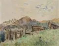 Hans Richard Heinmann, Alpenlandschaft mit Ställen und Enzian, 1944, Öl über Blei auf Pappe