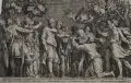 Michele Lucchese, Tarquinius Priscus zerschneidet den Wetzstein, 1545, Kupferstich auf Bütten