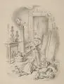Oscar Pletsch, Spielende Kinder mit Kätzchen, 1869, Bleistiftzeichnung auf gelblichem Karton