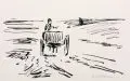 Max Liebermann, Wagen in den Dünen, Um 1909, Lithographie auf Bütten, an den Blattecken mit Klebestreifen in Einlegeblatt montiert
