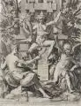 Johannes I Sadeler, Johannes Sadeler, Bacchus zwischen Amor und Musica. 1580- 1600, Kupferstich auf Bütten nach einer Zeichnung von Jodocus de Winge