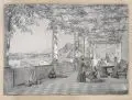 Max Albert Hauschild, Der Maler im Kreise seiner Familie auf der Terrasse der Villa Tagliaferro auf Ischia, 1853, Bleistiftzeichnung auf gestrichenem Papier, die Höhen gekratzt gearbeitet