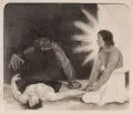 Sascha Schneider, Um eine Seele, Um 1895, Holzstich auf China, an den Blattecken auf Untersatzpapier montiert