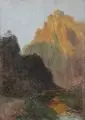 François Richard de Montholon, Bergige Landschaft im Abendrot. 1. H. 20. Jh, Öl auf Holz