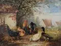 Otto Scheuerer, Enten, Hühner und ein Hahn. Spätes 19. Jh, Öl auf Holz