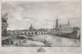 Perspective du Pont de Dresde sur L' Elbe, - tirée de la veuë du Palais de S. M., dit d' Hollande avec La part Latérale - de l' Église catôlique et batîmens contigús. by gen. Canaletto Bernardo Bellotto, 1749, Radierung auf Bütten mit Wasserzeichen Mi.li, sold Dec 2014