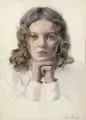 Max Handrick, Mädchen en face mit aufgestützten Armen. Anfang 20. Jh, Kohlestiftzeichnung, aquarelliert, auf festem Papier