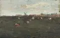 Paul Baum, Nordische Landschaft mit Windmühle und Kühen. 1880er Jahre, Öl auf Holz