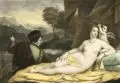 Franz Hanfstaengl, Venus mit dem Lautenspieler, Vor 1852, Altgouachierte Lithographie, auf China, auf Bütten aufgewalzt, nach Tizian