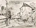 Erhard Hippold, Straßenecke in Radebeul (?), 1953, Pinselzeichnung in Tusche, laviert, auf Torchon