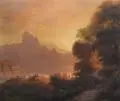 Robert Kummer, Karl Robert Kummer, Abendliche Flußlandschaft mit Ziegenherde, im Hintergrund Berge. 1850/ 1860, Öl auf Malpappe