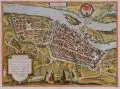 Frans Hogenberg, Magdebvrgvm, Um 1580, Kupferstich, koloriert, auf Bütten