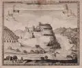 Johann Georg Mentzel, Prospect des Berg-Schlosses u. Kloster Oybin gegen Mittag, Kupferstich auf dünnem Bütten, auf Untersatzkarton montiert