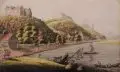 Christian Gottlob Hammer, Blick auf Schloß Scharfenberg, Schloß Batzdorf und die Albrechtsburg Meißen. Frühes 19. Jh, Kolorierte Umrißradierung auf Bütten