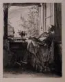 Adolph von Menzel, Die schlafende Näherin am Fenster, Radierung auf gelblichem Japanbütten
