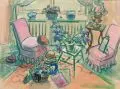 Erhard Hippold, Interieur. Ohne Jahr, Gouache auf Pergaminpapier