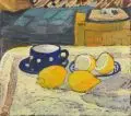 Stilleben mit Zitronen und blauer Tasse by Erhard Hippold, 1951, Öl auf grober Leinwand, sold Mar 2014
