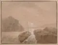 Caspar David Friedrich, (Schülerschaft, Nachfolge), Kreuz auf der Stromklippe. Wohl Mitte 19. Jh, Graphitzeichnung, aquarelliert, partiell weiß gehöht, auf graubraun getöntem Papier