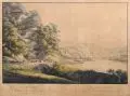 Carl August Richter, Die Stadt Wehlen in der Sächsischen Schweiz vom Postelwitzer Grunde aus., Um 1820, Altkolorierte Umrißradierung