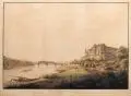 Johann Jakob August Schmidt, Westliche Ansicht des Schloßes zu Meißen von der Leipziger Straße an der Elbe, 1808, Altkolorierte Umrißradierung