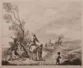 Johann Christian Klengel, Reiter bei einer Bauernfamilie unter [einem] Baum, 1773, Radierung nach einer Zeichnung von Chr