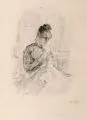 Gotthardt Kuehl, Junge Frau bei der Nadelarbeit, 1880, Radierung auf festem Papier